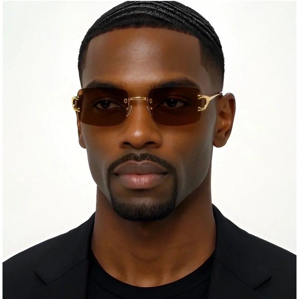 Men Sunglasses Dark Brown Lens Gold Accents Rectangle Frame Men's Fashion Trendy